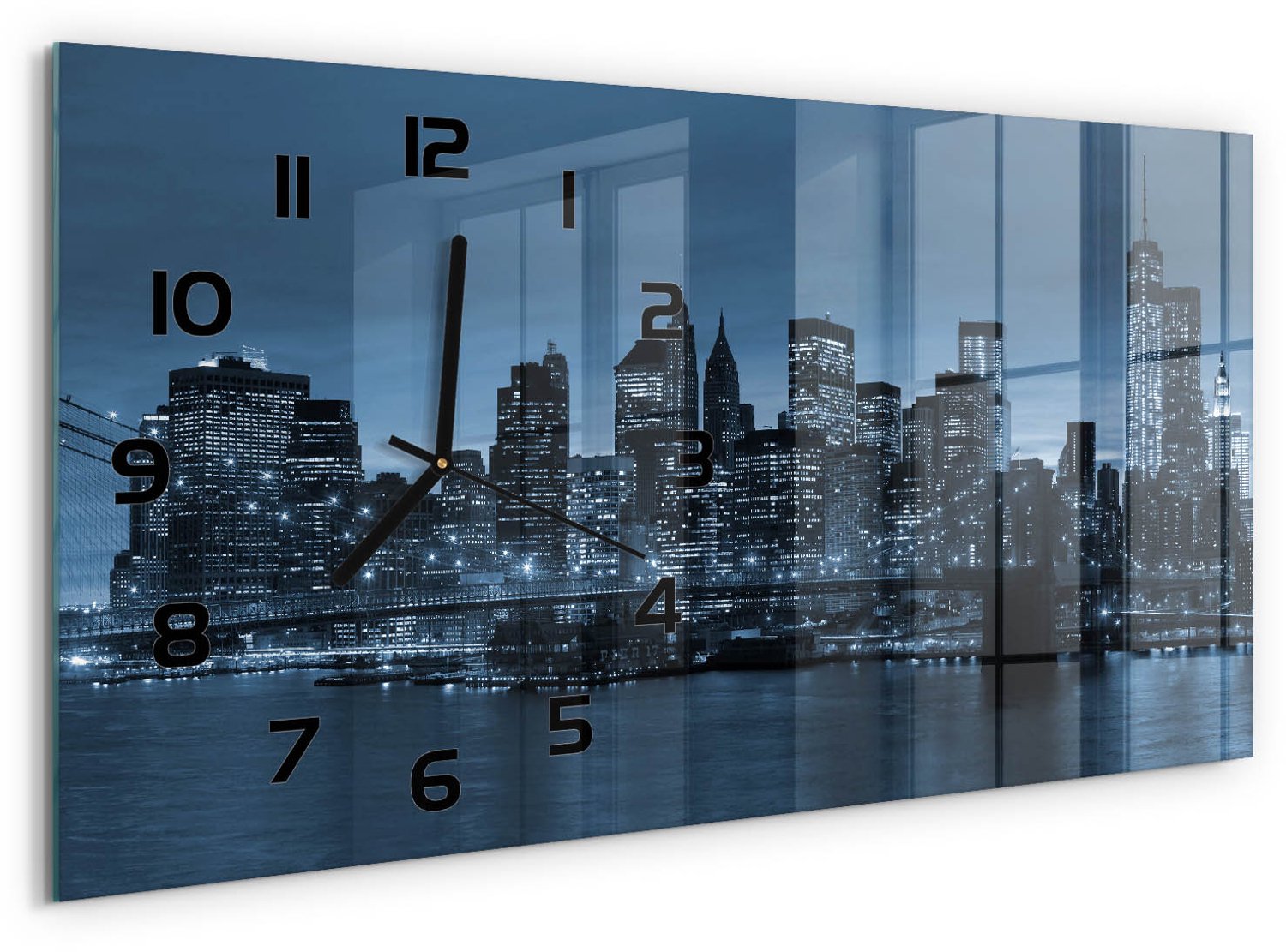 TULUP Wandklok - New York 's nachts Glazen Klok Met Print - 60x30 cm - Blauw Wandklok Glas Met Motief - Zwarte handen - Rechthoekige Klok - Wandklok Glas Decoratie - Gekleurde Glazen Klok