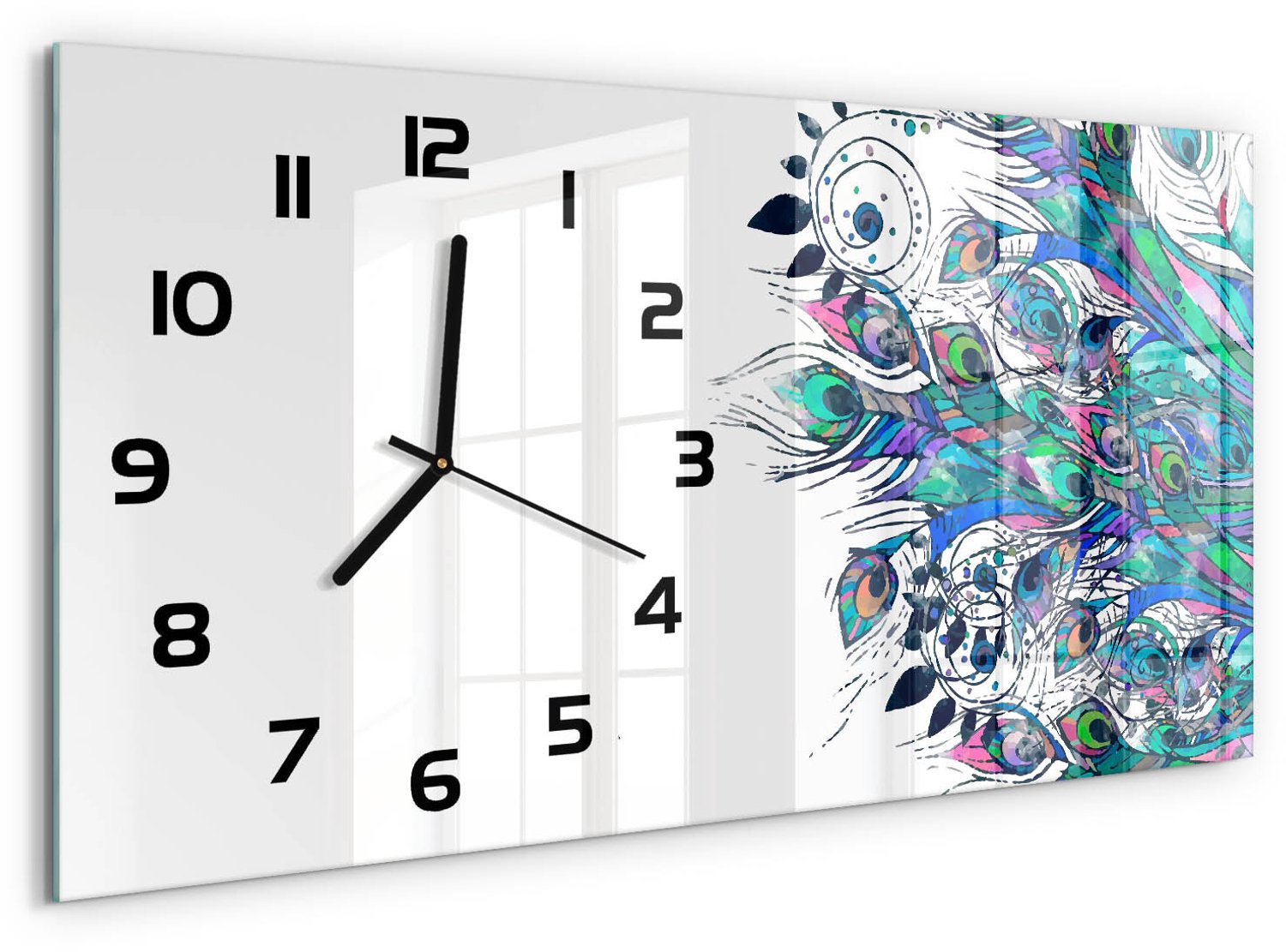 TULUP Wandklok - Pauwenveren Klok Glas Met Opdruk - 60x30 cm - Veelkleurig Moderne Wandklok Glas - Zwarte handen - Rechthoekige Klok - Decoratieve Glazen Klok - Glazen Wandklok Design