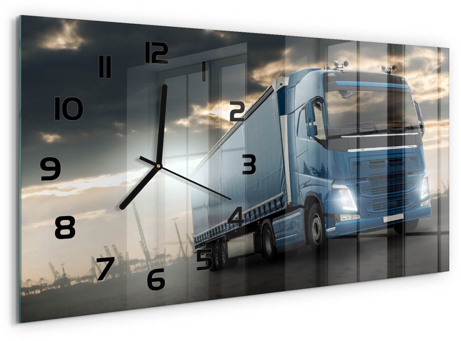 TULUP Wandklok - Vrachtwagen Wandklok Glas Met Motief - 60x30 cm - Blauw Decoratieve Glazen Klok - Zwarte handen - Rechthoekige Klok - Gekleurde Glazen Klok - Glazen Klok Met Print