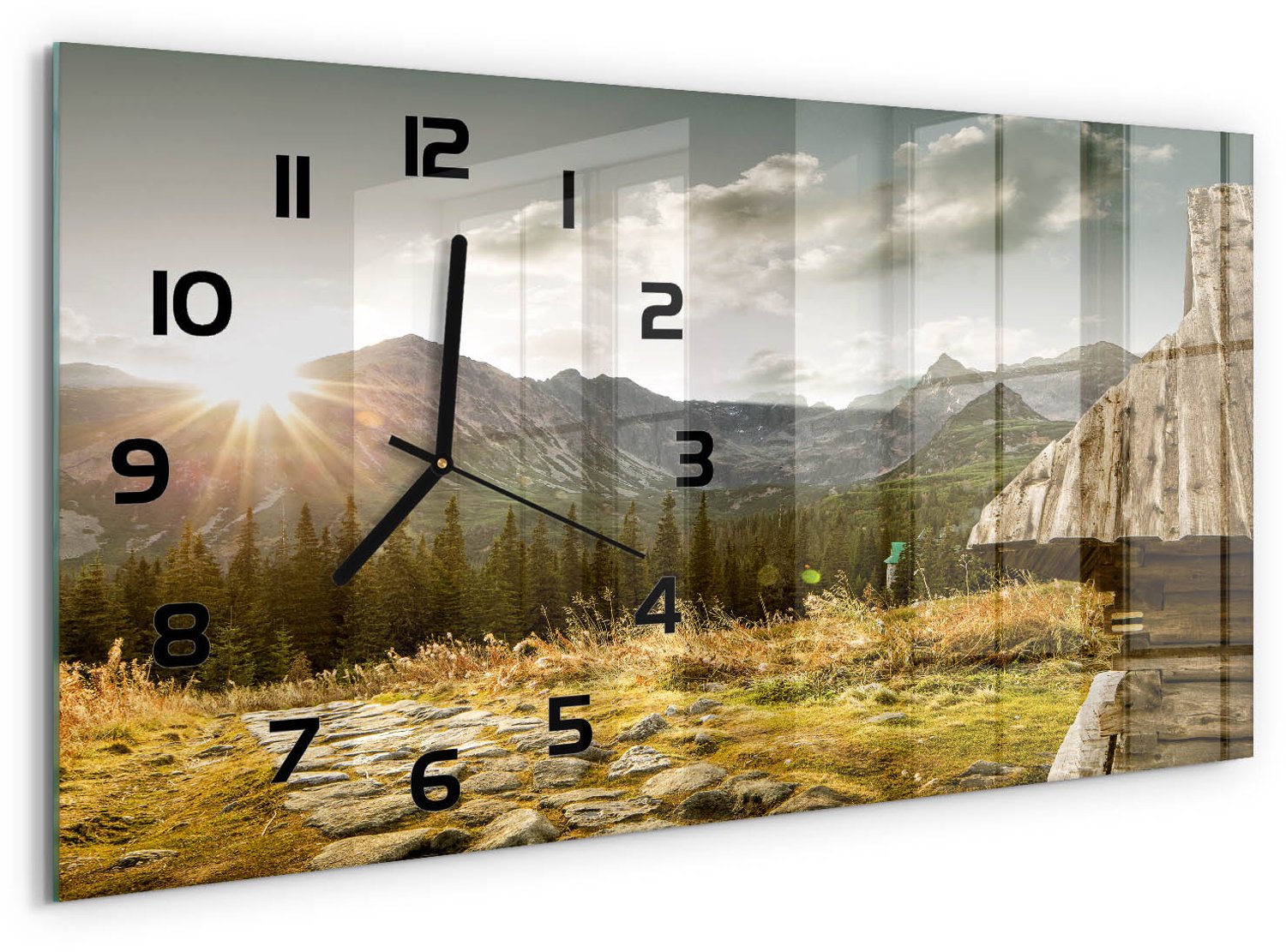 TULUP Wandklok - Huis in de bergen Wandklok Glas Met Motief - 60x30 cm - Veelkleurig Decoratieve Glazen Klok - Zwarte handen - Rechthoekige Klok - Gekleurde Glazen Klok - Glazen Klok Met Print