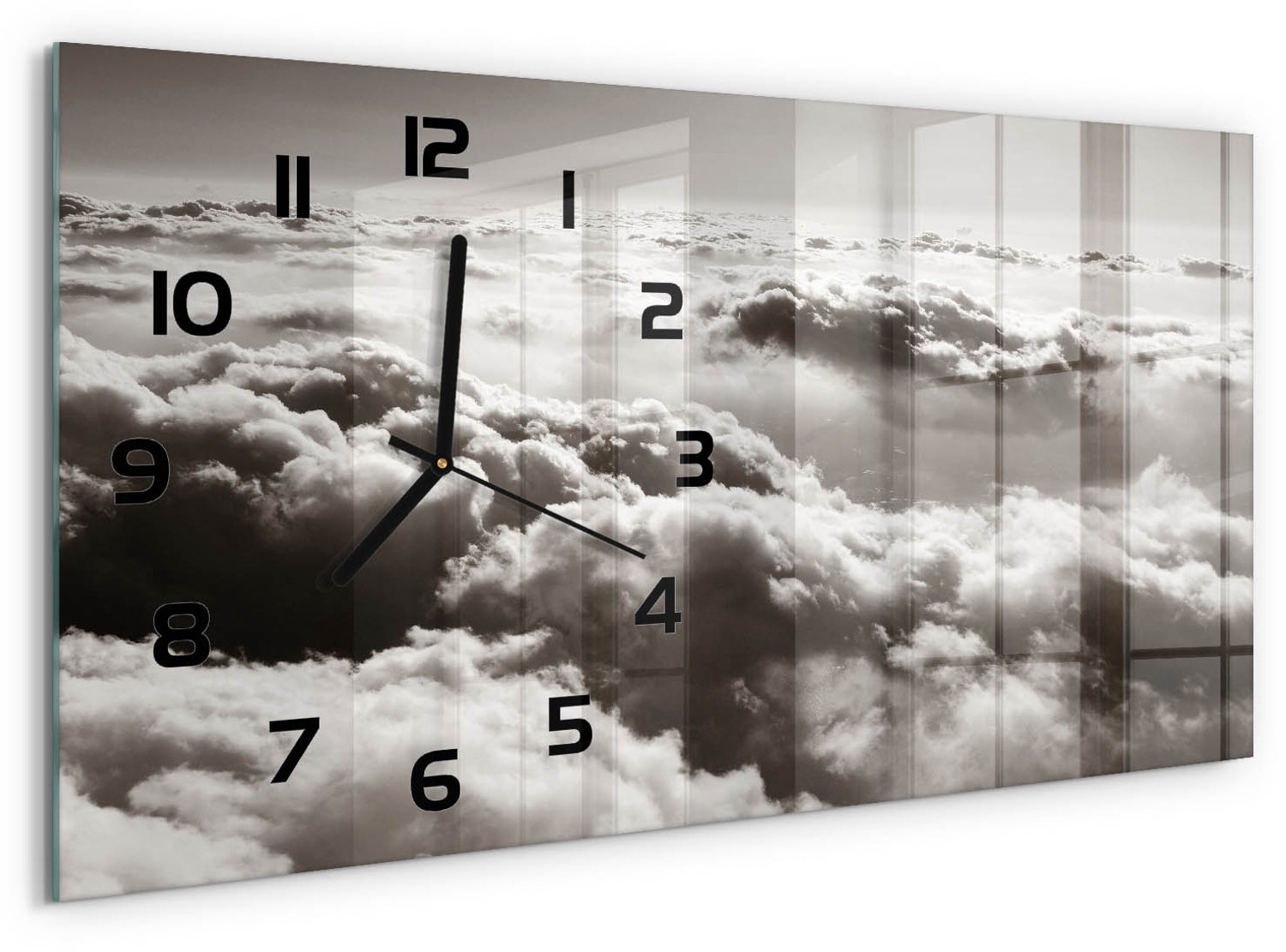 TULUP Wandklok - Wolken gezien vanuit vogelperspectief Wandklok Glas Decoratie - 60x30 cm - Zwart-wit Gekleurde Glazen Klok - Zwarte handen - Rechthoekige Klok - Klok Glas Met Opdruk - Moderne Wandklok Glas