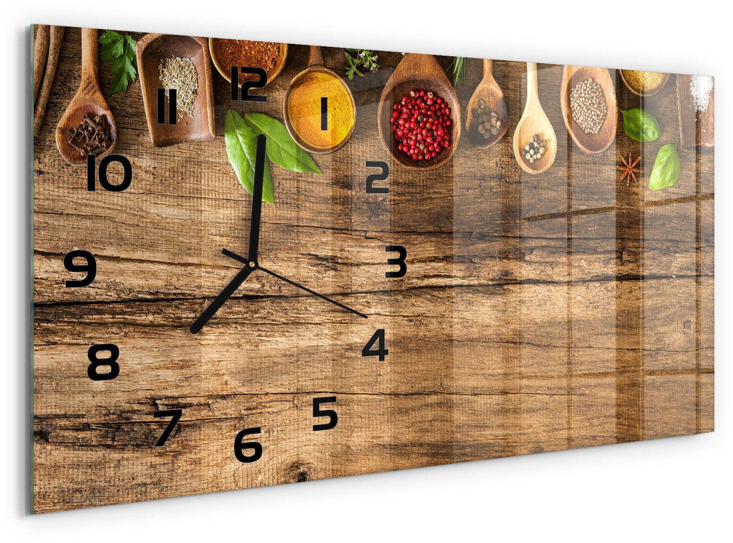 TULUP Wandklok - Kleurrijke specerijen Decoratieve Glazen Klok - 60x30 cm - Veelkleurig Glazen Wandklok Design - Zwarte handen - Rechthoekige Klok - Glazen Klok Met Print - Wandklok Glas Met Motief