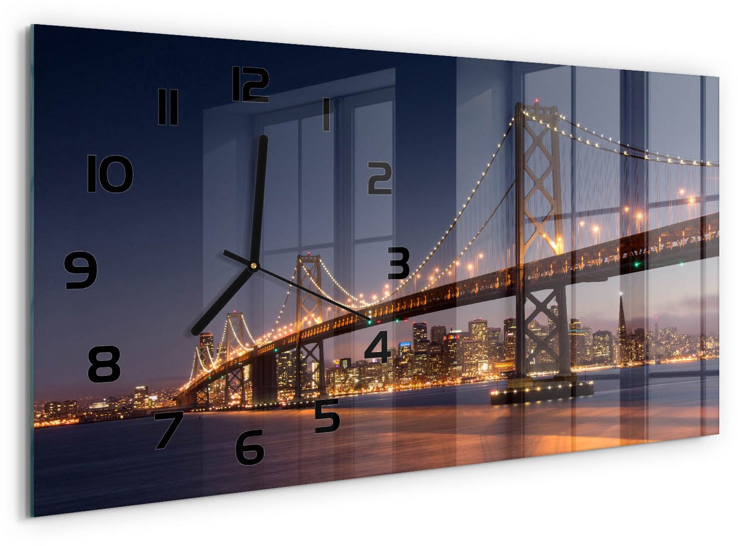TULUP Wandklok - San Francisco-brug Glazen Klok Met Print - 60x30 cm - Oranje Wandklok Glas Met Motief - Zwarte handen - Rechthoekige Klok - Wandklok Glas Decoratie - Gekleurde Glazen Klok