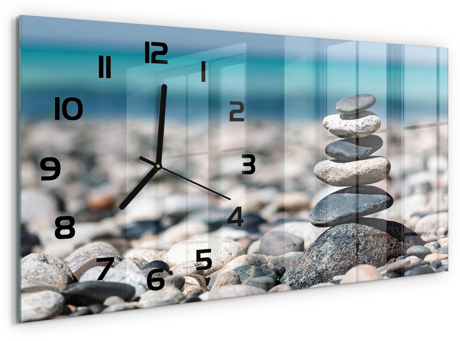 TULUP Wandklok - Stapel stenen Glazen Klok Met Print - 60x30 cm - Veelkleurig Wandklok Glas Met Motief - Zwarte handen - Rechthoekige Klok - Wandklok Glas Decoratie - Gekleurde Glazen Klok