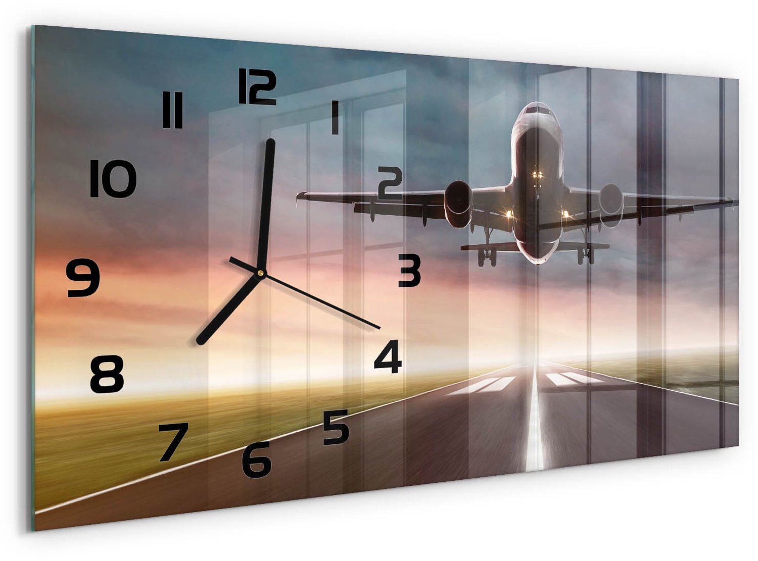 TULUP Wandklok - Het vliegtuig stijgt op. Decoratieve Glazen Klok - 60x30 cm - Geel Glazen Wandklok Design - Zwarte handen - Rechthoekige Klok - Glazen Klok Met Print - Wandklok Glas Met Motief