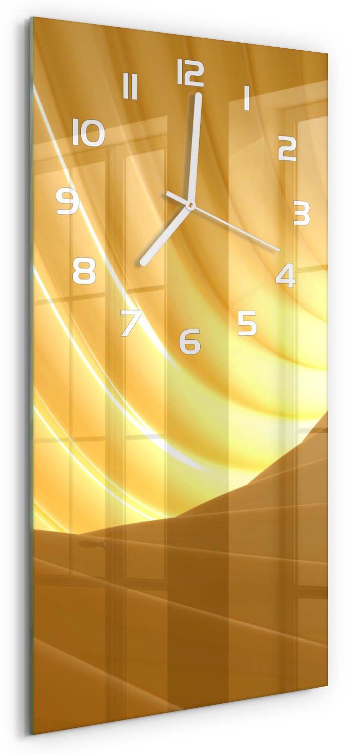 Tulup Wandklok - Wervelabstractie Wandklok Glas Met Motief - 30x60 cm - Geel Decoratieve Glazen Klok - Witte handen - Rechthoekige Klok - Gekleurde Glazen Klok - Glazen Klok Met Print