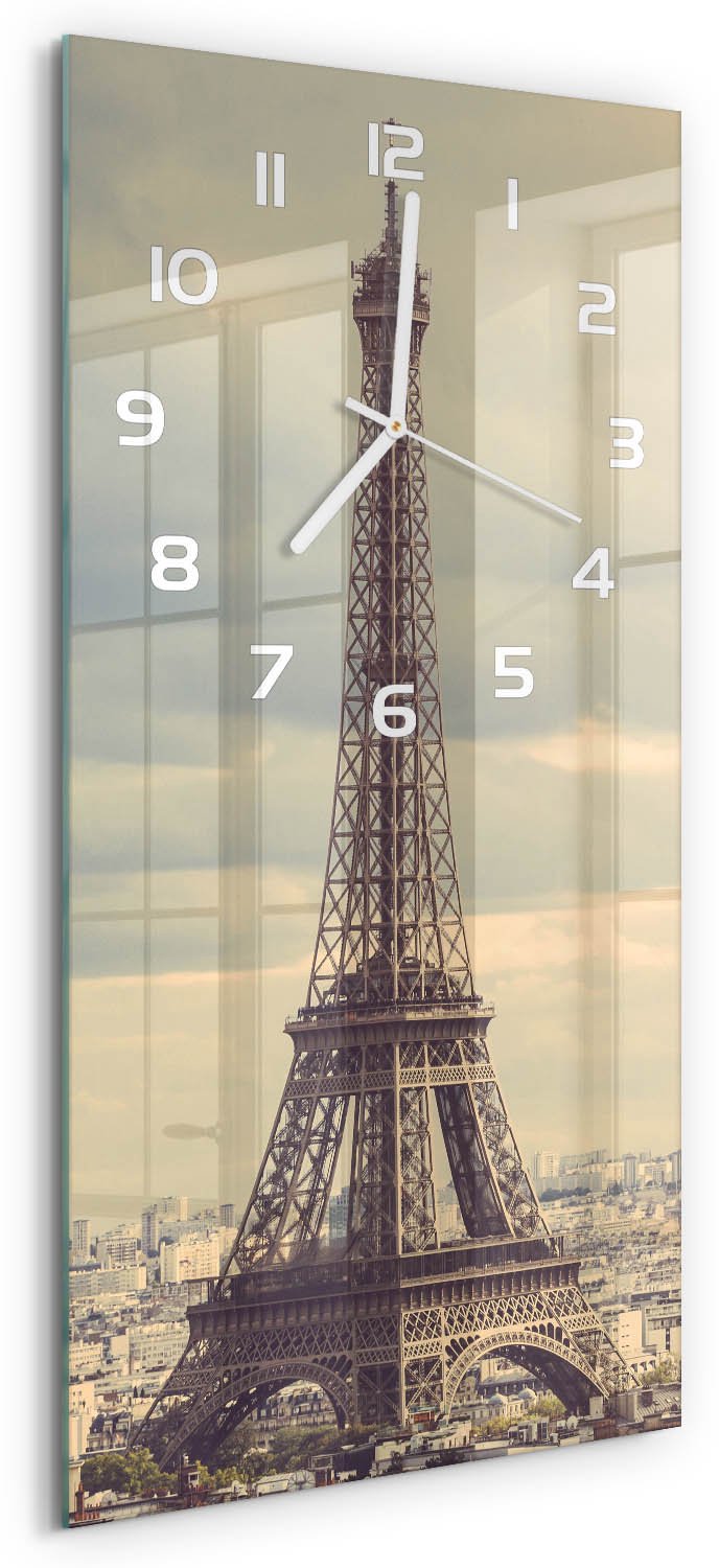 Tulup Wandklok - Eiffeltoren Parijs Klok Glas Met Opdruk - 30x60 cm - Beige Moderne Wandklok Glas - Witte handen - Rechthoekige Klok - Decoratieve Glazen Klok - Glazen Wandklok Design