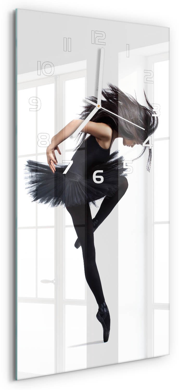 Tulup Wandklok - Ballerina Decoratieve Glazen Klok - 30x60 cm - Zwart Glazen Wandklok Design - Witte handen - Rechthoekige Klok - Glazen Klok Met Print - Wandklok Glas Met Motief