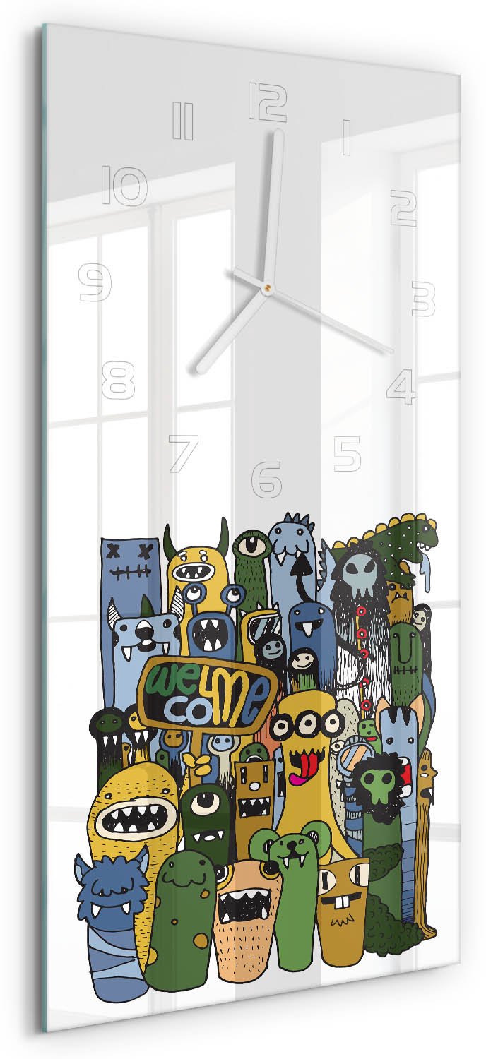 Tulup Wandklok - Gekke monsters Wandklok Glas Decoratie - 30x60 cm - Groente Gekleurde Glazen Klok - Witte handen - Rechthoekige Klok - Klok Glas Met Opdruk - Moderne Wandklok Glas