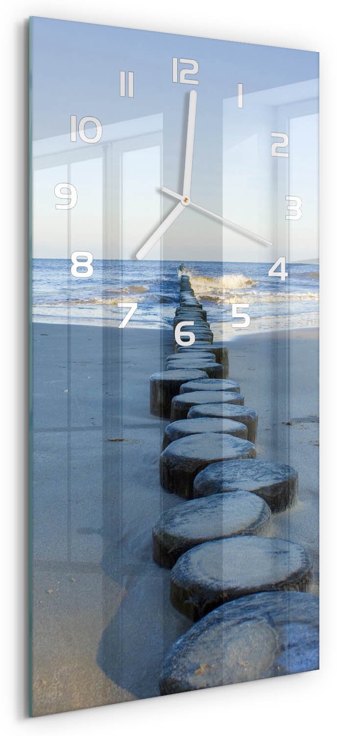 Tulup Wandklok - Golfbreker Moderne Wandklok Glas - 30x60 cm - Blauw Wandklok Glas Decoratie - Witte handen - Rechthoekige Klok - Glazen Wandklok Design - Klok Glas Met Opdruk
