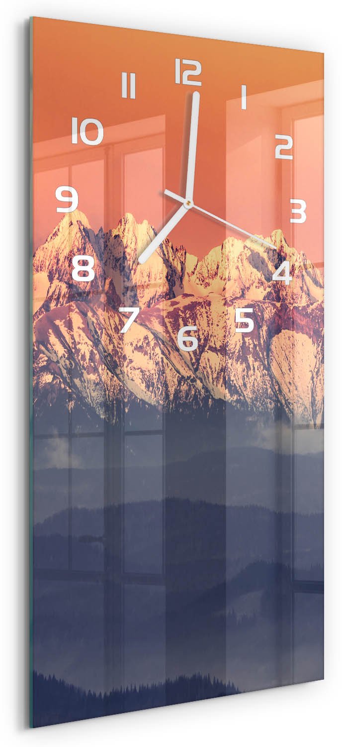 Tulup Wandklok - Panorama van het Tatragebergte Wandklok Glas Decoratie - 30x60 cm - Oranje Gekleurde Glazen Klok - Witte handen - Rechthoekige Klok - Klok Glas Met Opdruk - Moderne Wandklok Glas