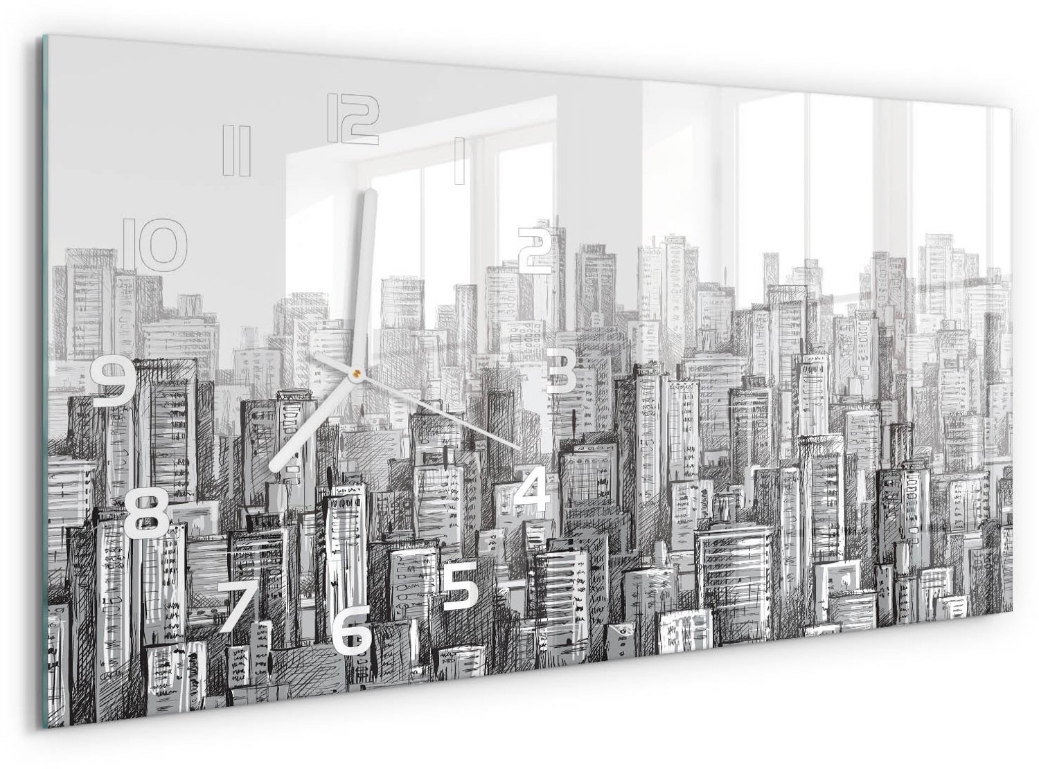 TULUP Wandklok - Wolkenkrabber Wandklok Glas Decoratie - 60x30 cm - Grijs Gekleurde Glazen Klok - Witte handen - Rechthoekige Klok - Klok Glas Met Opdruk - Moderne Wandklok Glas