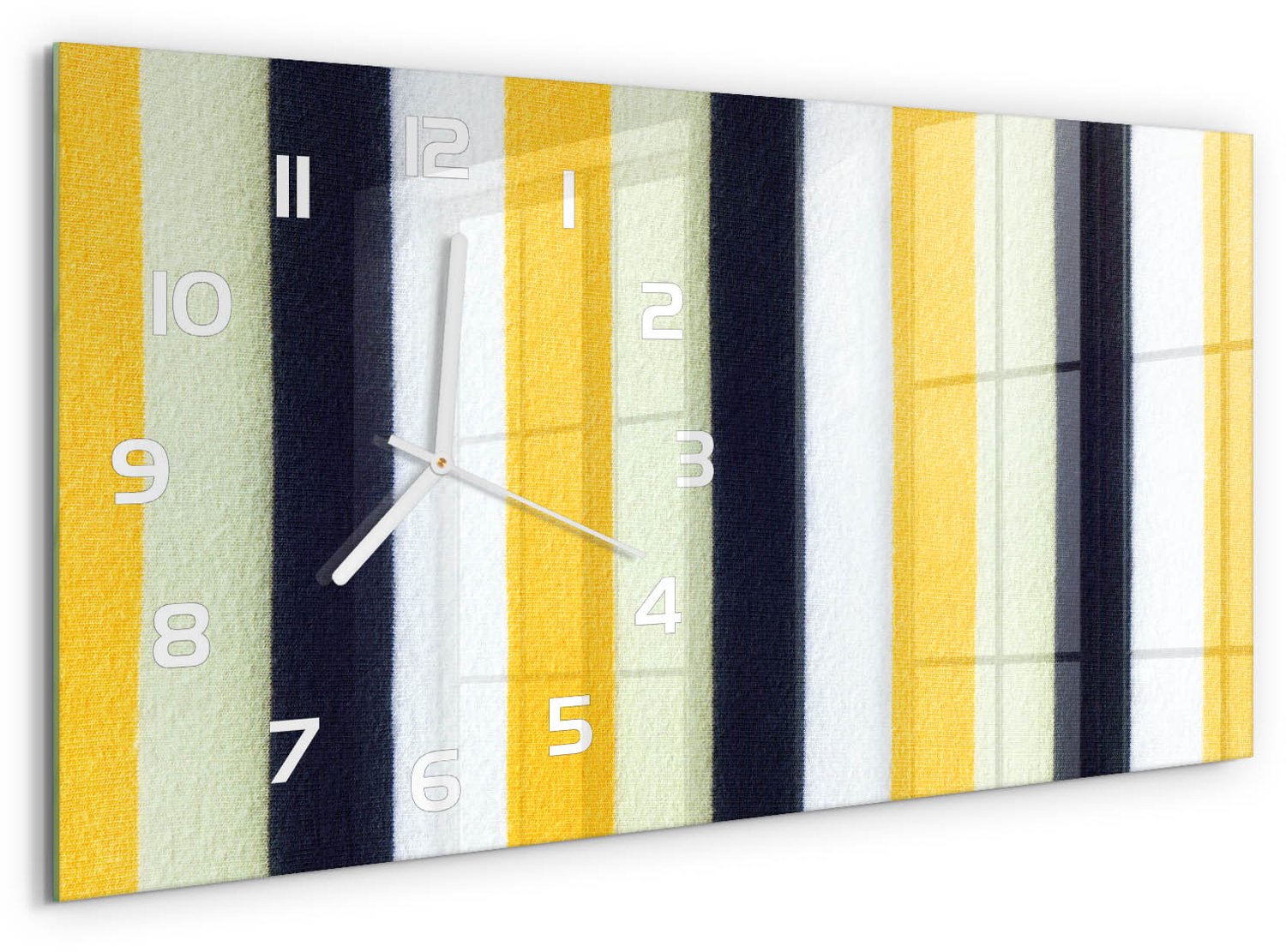 TULUP Wandklok - Gestreepte achtergrond Gekleurde Glazen Klok - 60x30 cm - Geel Glazen Klok Met Print - Witte handen - Rechthoekige Klok - Moderne Wandklok Glas - Wandklok Glas Decoratie