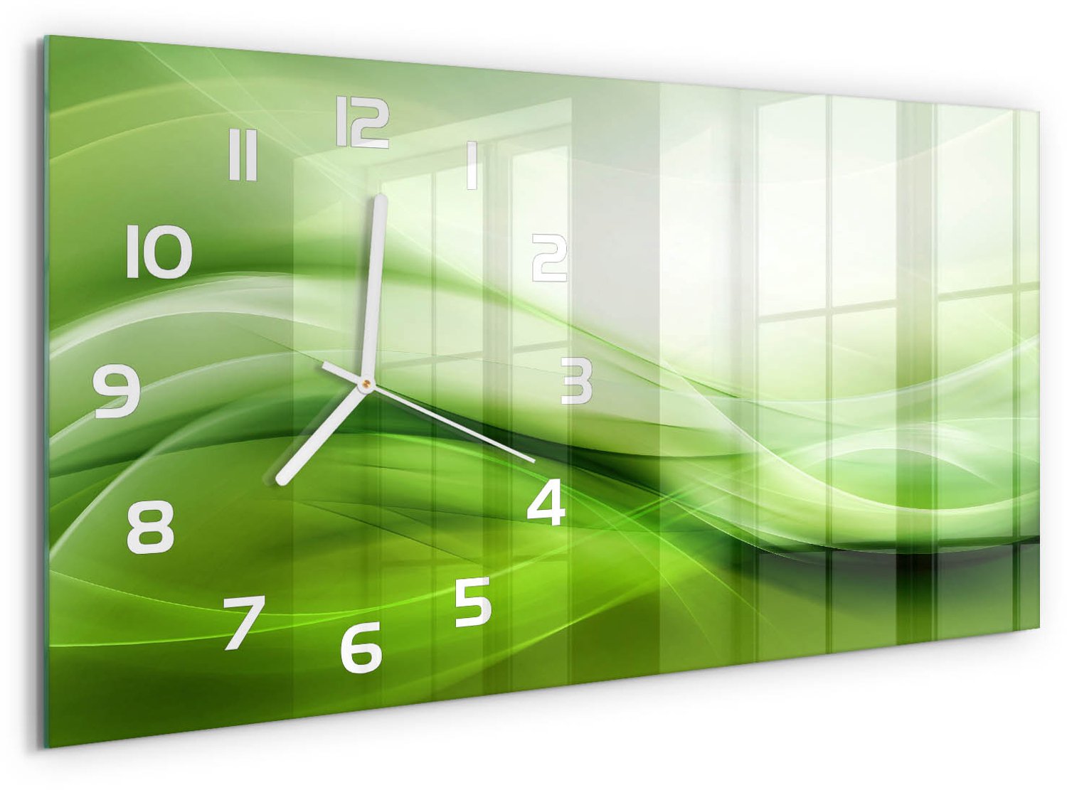 TULUP Wandklok - Groene golven achtergrond Decoratieve Glazen Klok - 60x30 cm - Groente Glazen Wandklok Design - Witte handen - Rechthoekige Klok - Glazen Klok Met Print - Wandklok Glas Met Motief