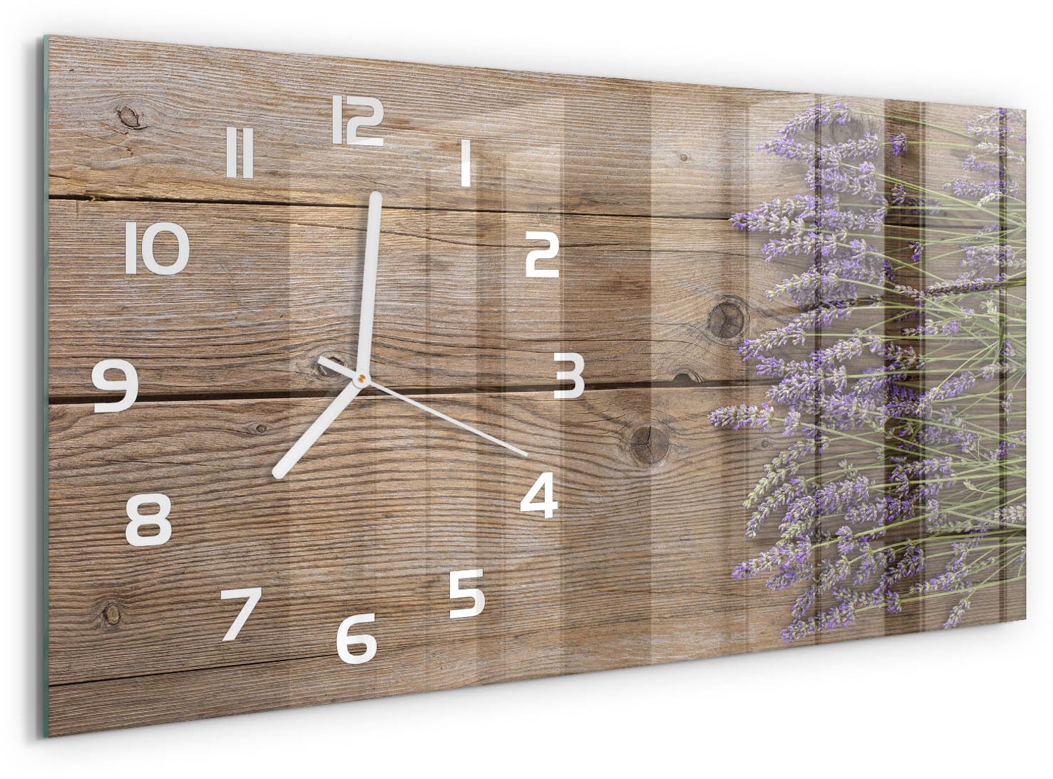 TULUP Wandklok - Lavendel op hout Glazen Klok Met Print - 60x30 cm - Bruin Wandklok Glas Met Motief - Witte handen - Rechthoekige Klok - Wandklok Glas Decoratie - Gekleurde Glazen Klok