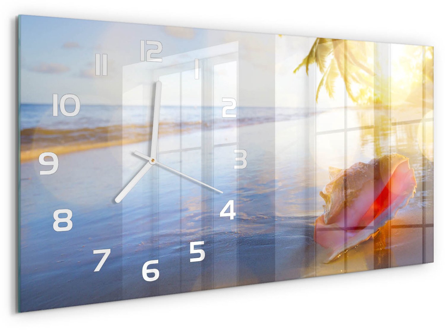 TULUP Wandklok - Een schelp op het strand Klok Glas Met Opdruk - 60x30 cm - Veelkleurig Moderne Wandklok Glas - Witte handen - Rechthoekige Klok - Decoratieve Glazen Klok - Glazen Wandklok Design