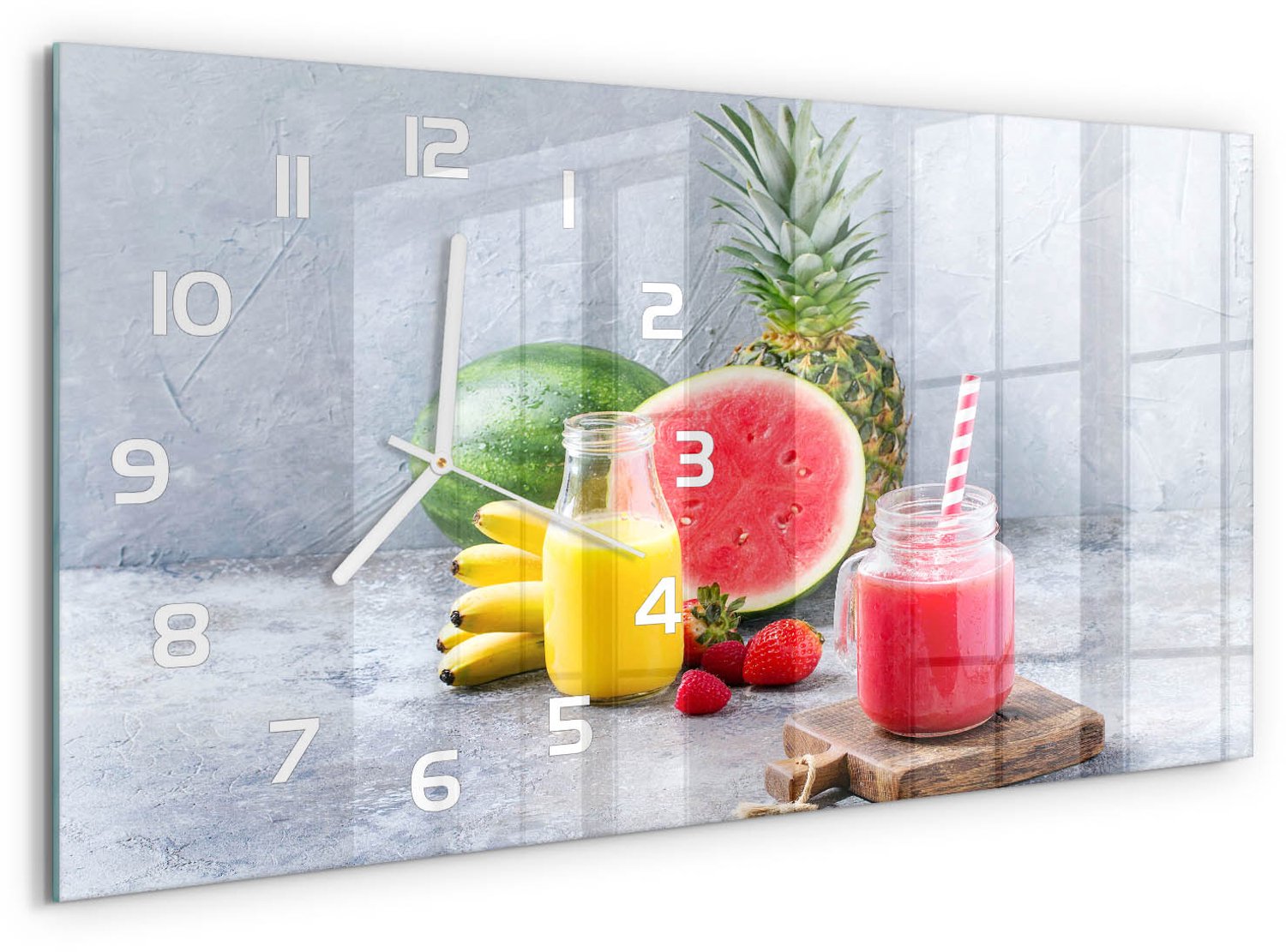 TULUP Wandklok - Fruitcocktail Wandklok Glas Decoratie - 60x30 cm - Veelkleurig Gekleurde Glazen Klok - Witte handen - Rechthoekige Klok - Klok Glas Met Opdruk - Moderne Wandklok Glas