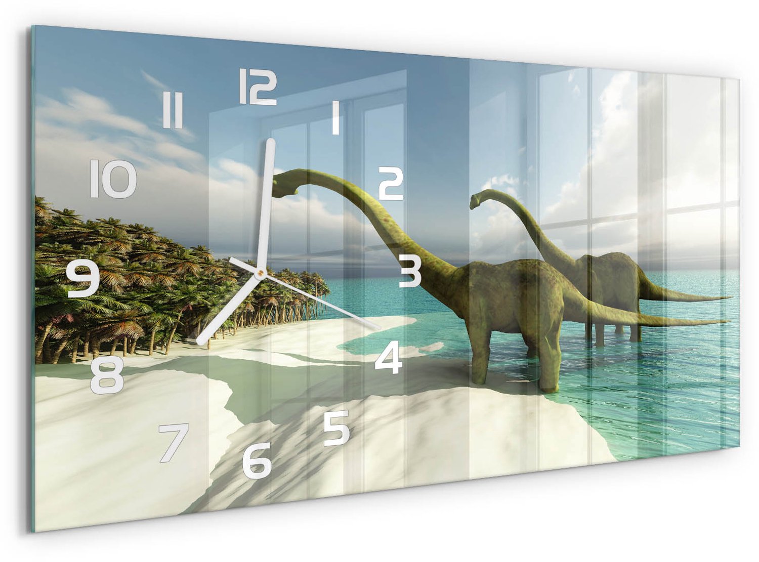 TULUP Wandklok - Dinosaurussen op het strand Klok Glas Met Opdruk - 60x30 cm - Blauw Moderne Wandklok Glas - Witte handen - Rechthoekige Klok - Decoratieve Glazen Klok - Glazen Wandklok Design