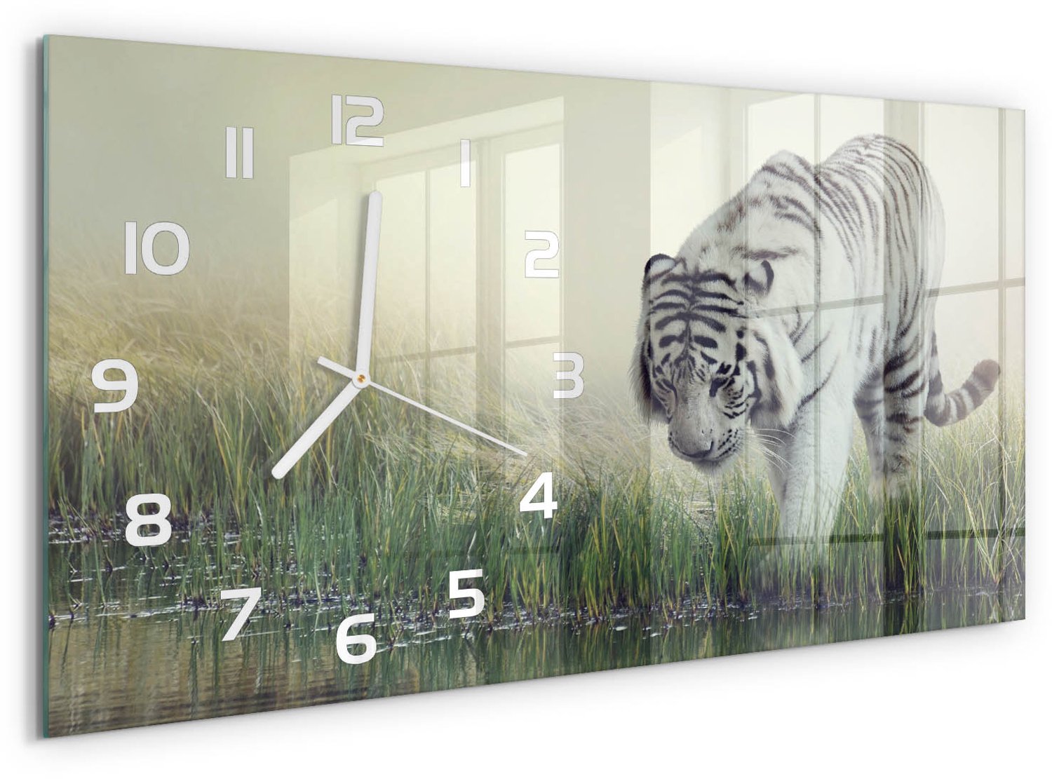 TULUP Wandklok - Witte Tijger Moderne Wandklok Glas - 60x30 cm - Wit Wandklok Glas Decoratie - Witte handen - Rechthoekige Klok - Glazen Wandklok Design - Klok Glas Met Opdruk