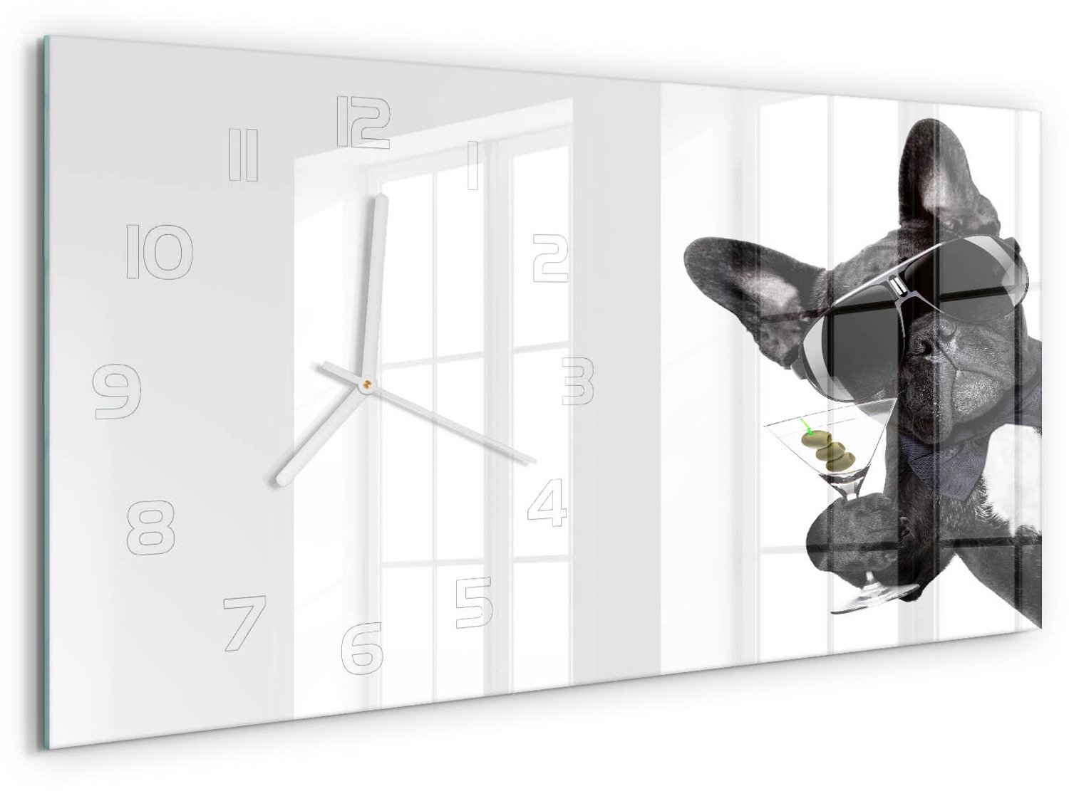 TULUP Wandklok - Martini Dog Decoratieve Glazen Klok - 60x30 cm - Zwart Glazen Wandklok Design - Witte handen - Rechthoekige Klok - Glazen Klok Met Print - Wandklok Glas Met Motief