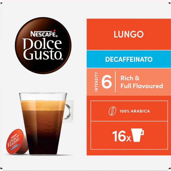 Productverpakking met Nescafé Dolce Gusto logo, 16 lungo decaffeinato cups en een kopje zwarte koffie.