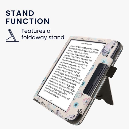 kwmobile e-reader hoesje geschikt voor Kobo Libra Colour hoes - E reader flip case van kunstleer - Ereader cover met stand - Vlinderanemoon design in wit / licht oudroze / vintage groen — afbeelding 2