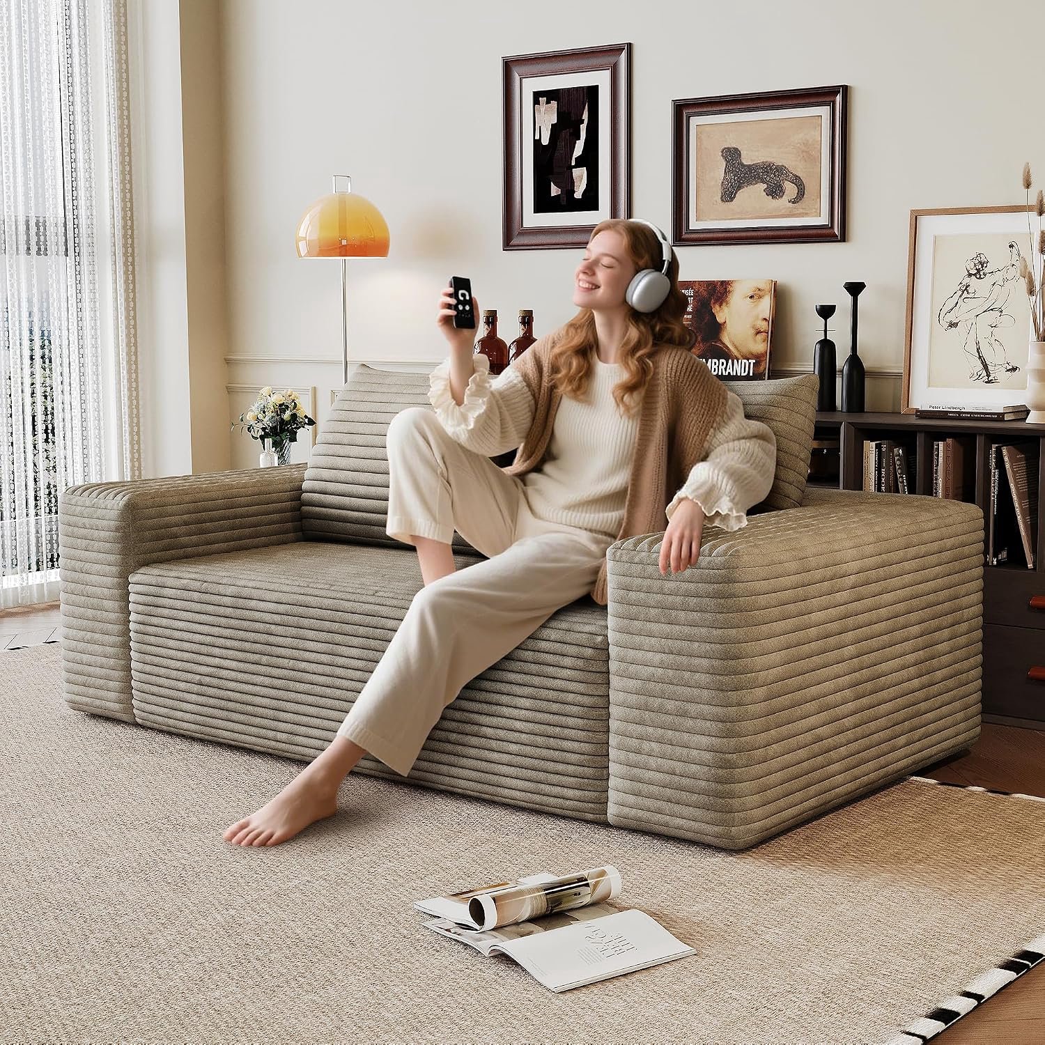 180 cm corduroy, modulaire bank, lage zitting, camel