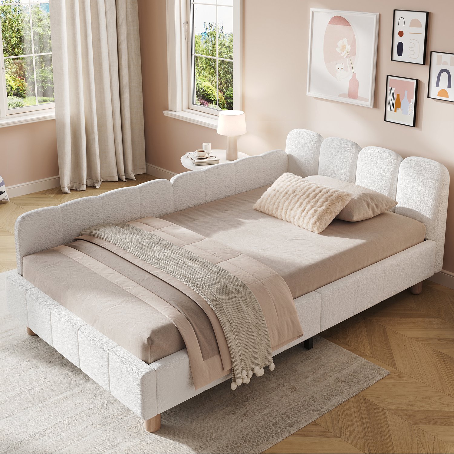 Kinderbed 90 x 200 cm - Bouclé - Lattenbodem - Beige