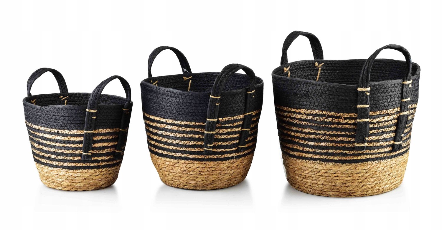 Mondex Bali Zeegras Manden Set (3 stuks) Zwart-Beige Boho