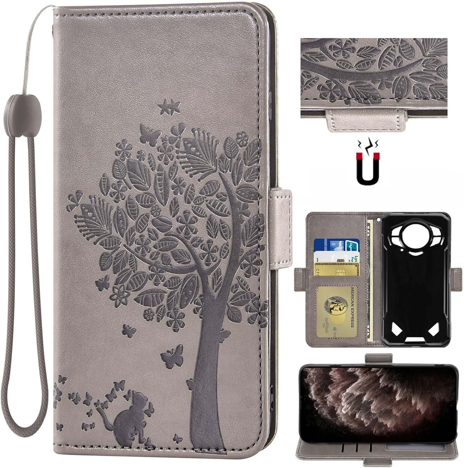 Leer met boom patroon portemonnee etui flip case cover met standaard kaartsleuf ontwerp voor OUKITEL WP12 / Oukitel WP12 Pro smartphone (grijs)