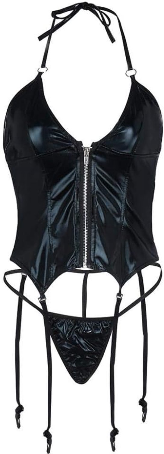 Dameskleding Dameskostuums Sexy Lederen Lingerie Beha Ondergoed Kousenband String Verleiding Erotische Porno Nachthemd Set-Black_L