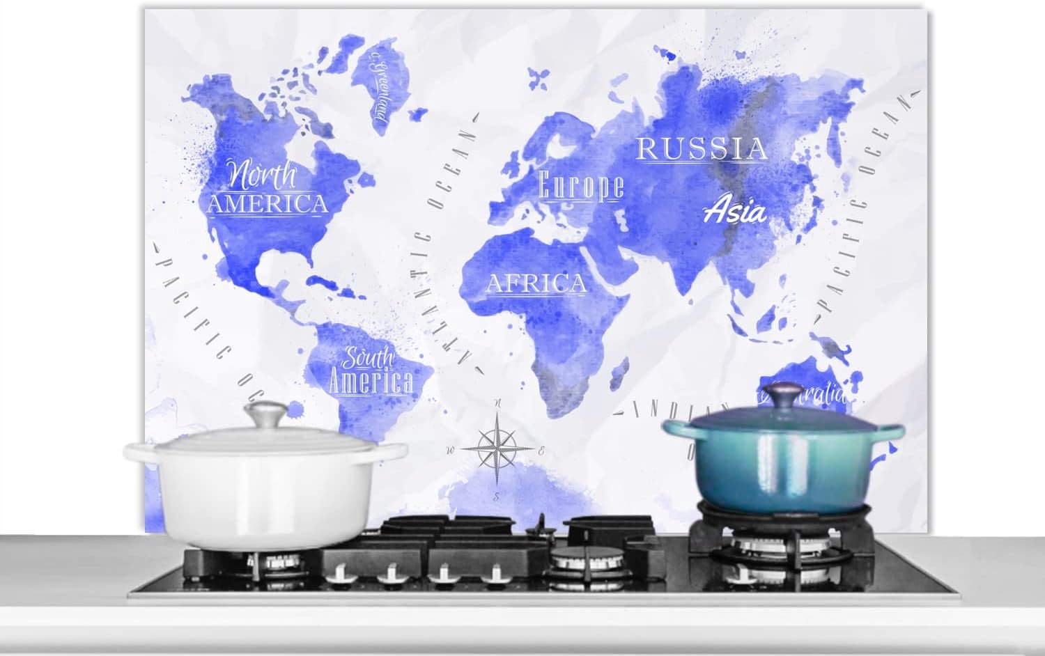 Spatscherm Keuken - 100x65 cm - Wereldkaart - Waterverf - Blauw