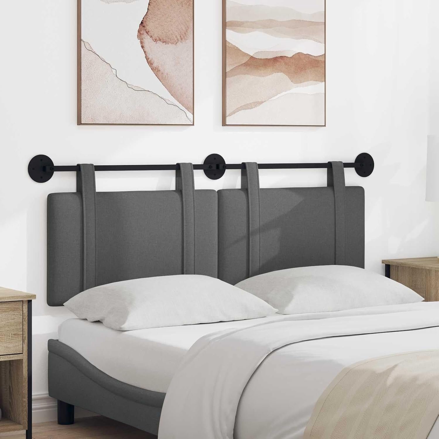 Hoofdeinde donkergrijs van stof, wandmontage, geschikt voor verschillende bedframes, combineert moderne stijl met elegantie, bespaart ruimte en is gemakkelijk te onderhouden