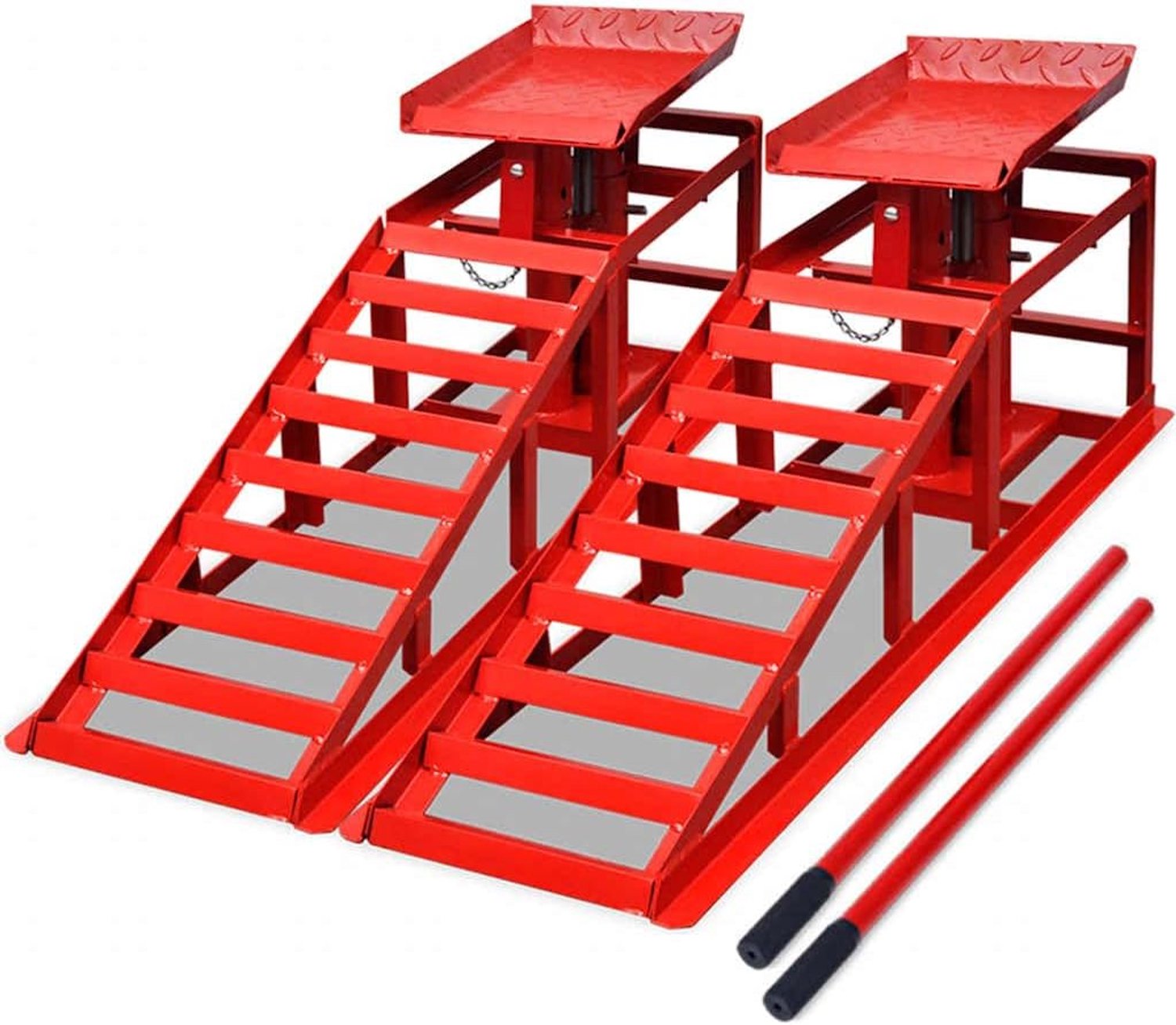 2 stuks staal 2 ton draagkracht voor auto's en vrachtwagens, stabiele auto oprijplaten met veiligheidspen, 37,5 cm hefhoogte, rood