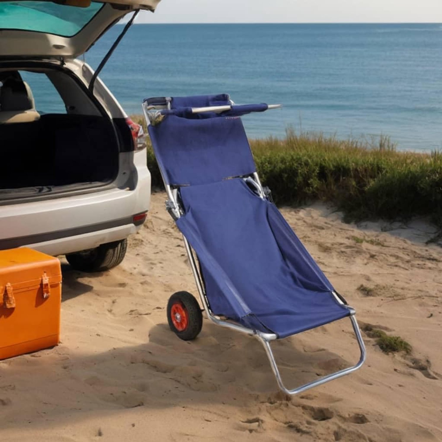 Inklapbaar, met wielen, voor strandvakantie, vissen en picknick, blauw, 80 kg draagkracht, aluminium, tuinwagen, bolderkar