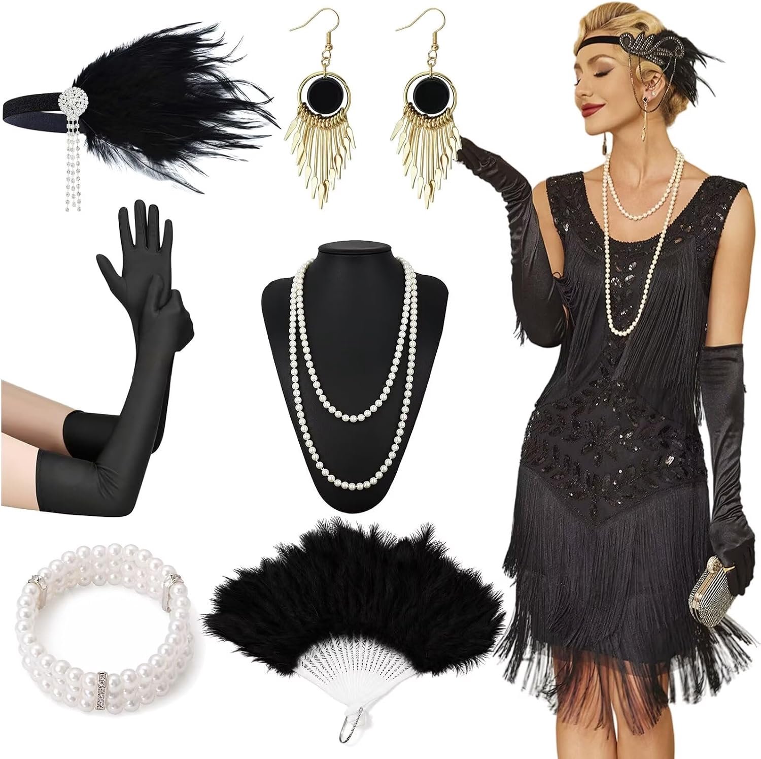 20-kostuum voor dames, jaren 20-jurk, flapperjurk, pailletten en franjes, met jaren '20-jurk, accessoires voor carnavalskostuum, outfit