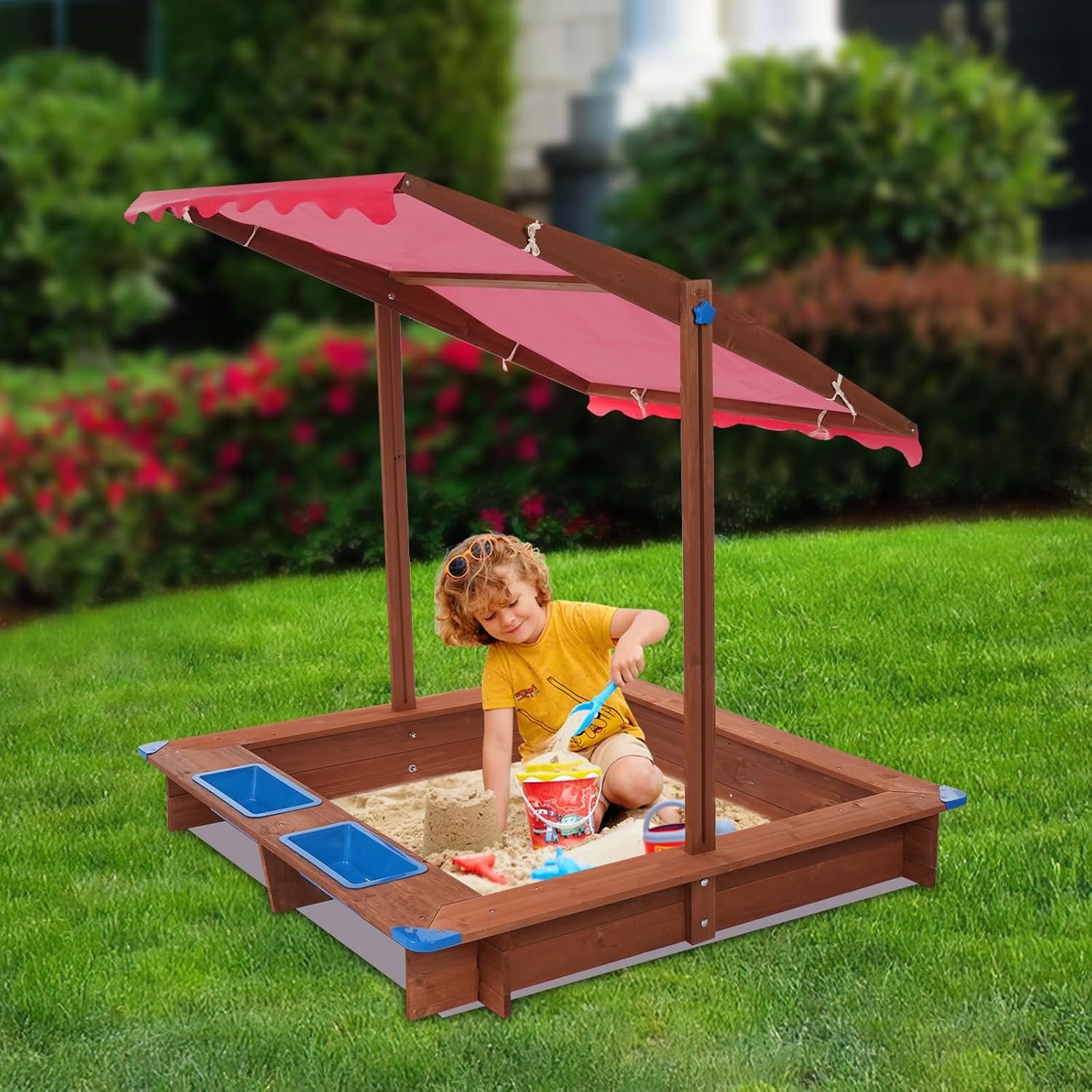 Zandbak, 126 x 121 x 118 cm, zandbak met afdekking, houten zandbak met afdekking, kinderzandbak, zandbakken voor de tuin, voor achtertuinen, terrassen, stranden of speelplaatsen (rood, bruin)
