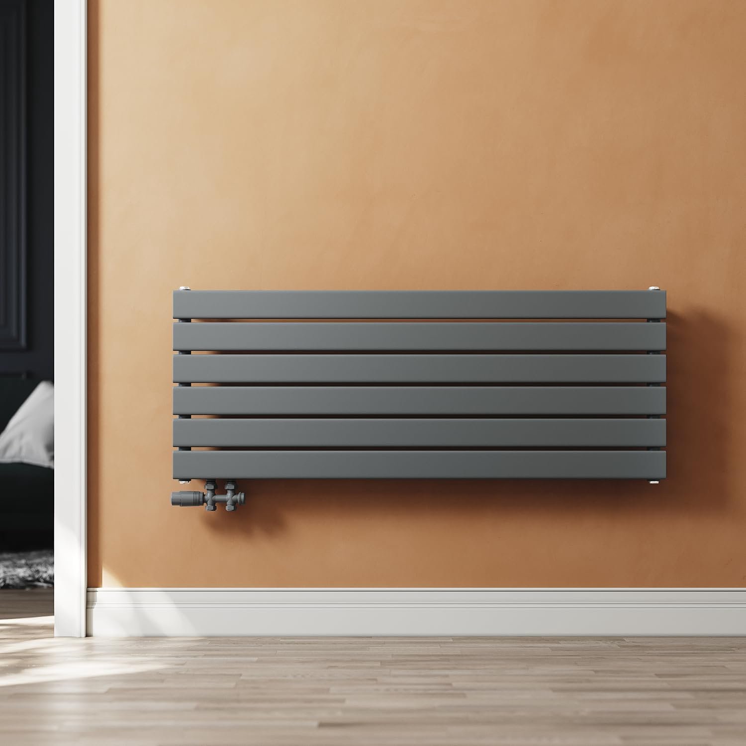 Paneelradiator, 465 x 1200 mm, horizontaal, eenlaags, verwarming met antraciet, multiblok, zijaansluiting, antraciet, badkamerradiator