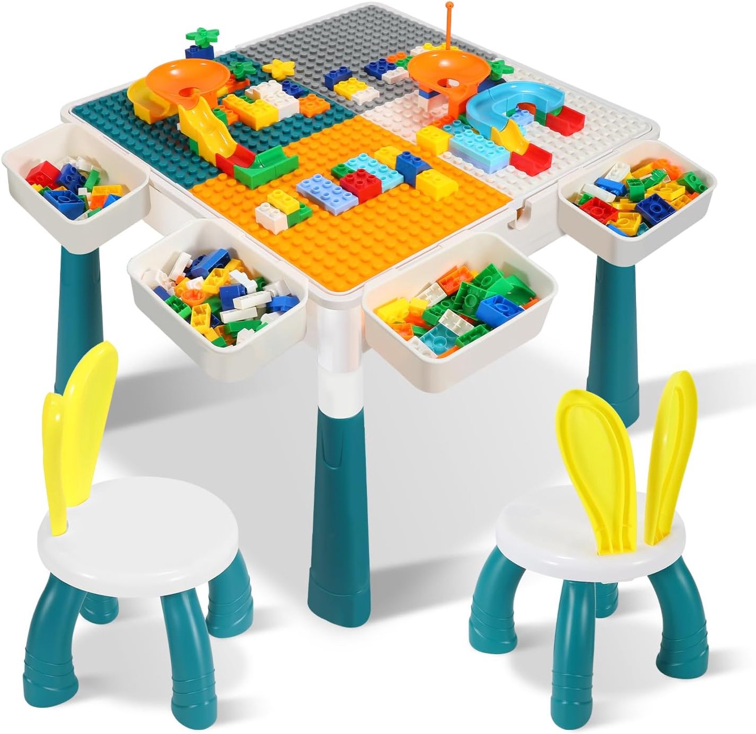 Tafelset voor kinderen, 7-in-1, tafelset voor kinderen, knutseltafel met 2 stoelen en 251 blokken