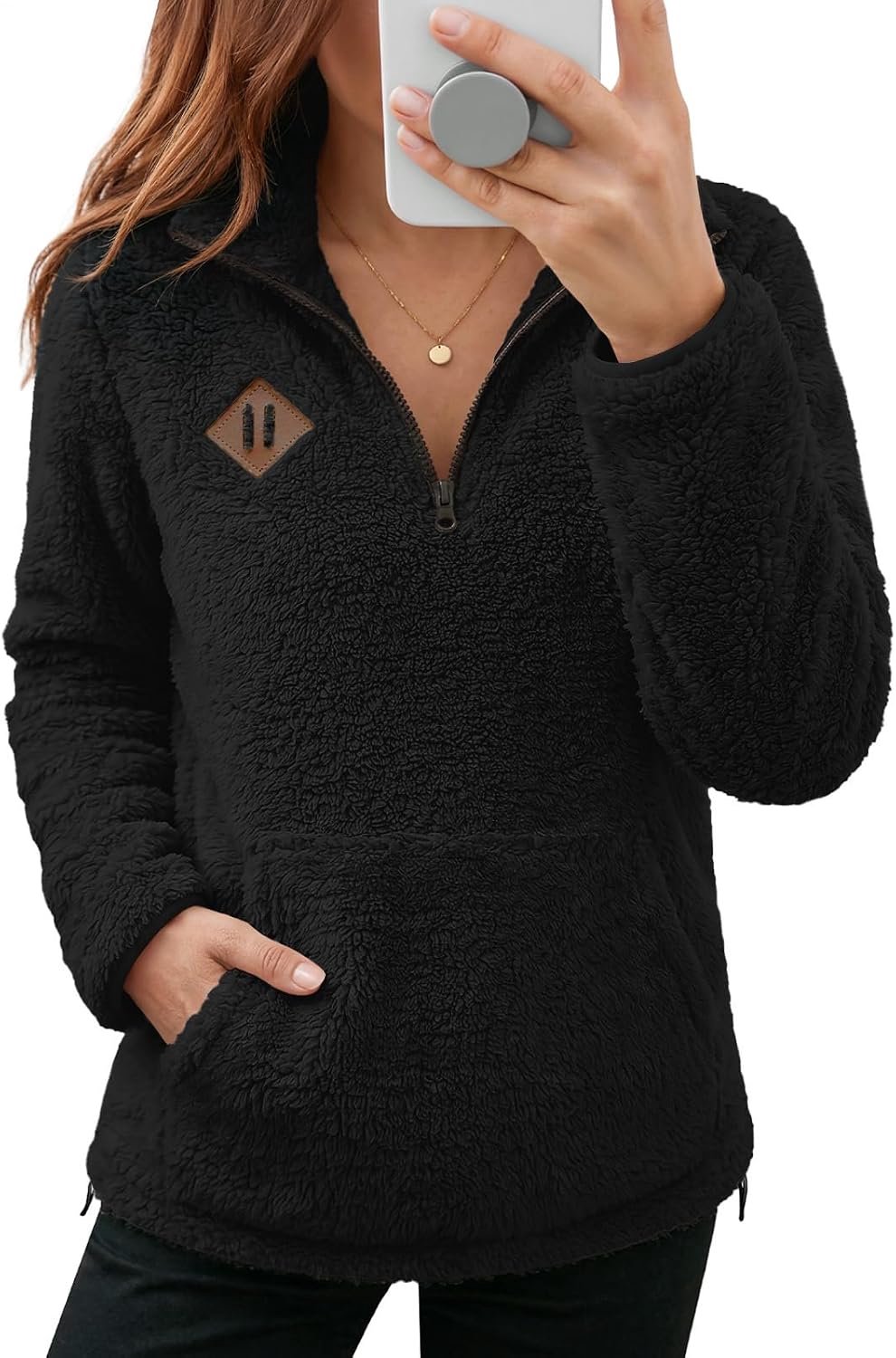 Damessweatshirt voor herfst en winter, fleece, gevoerd, met halve ritssluiting, warm, zacht, opstaande kraag, met zak, meerdere kleuren, voor reizen en buiten