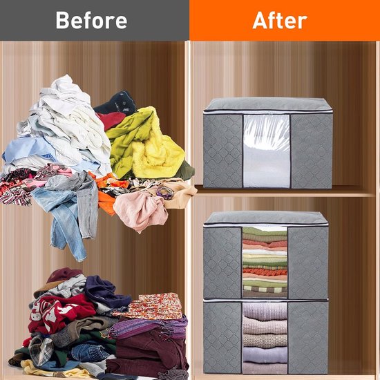 6 stuks 90 l opbergtas, opbergdoos met deksel, groot, onderbed, opbergdoos, opvouwbare opbergdoos met versterkte handgreep voor kleding, dekbedden, deken, grijs — afbeelding 2