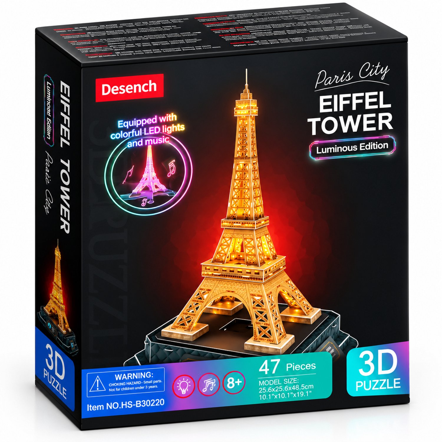 JN® 3D Puzzel Eiffeltoren – LED Verlicht – 47-delig Bouwpakket – 8+