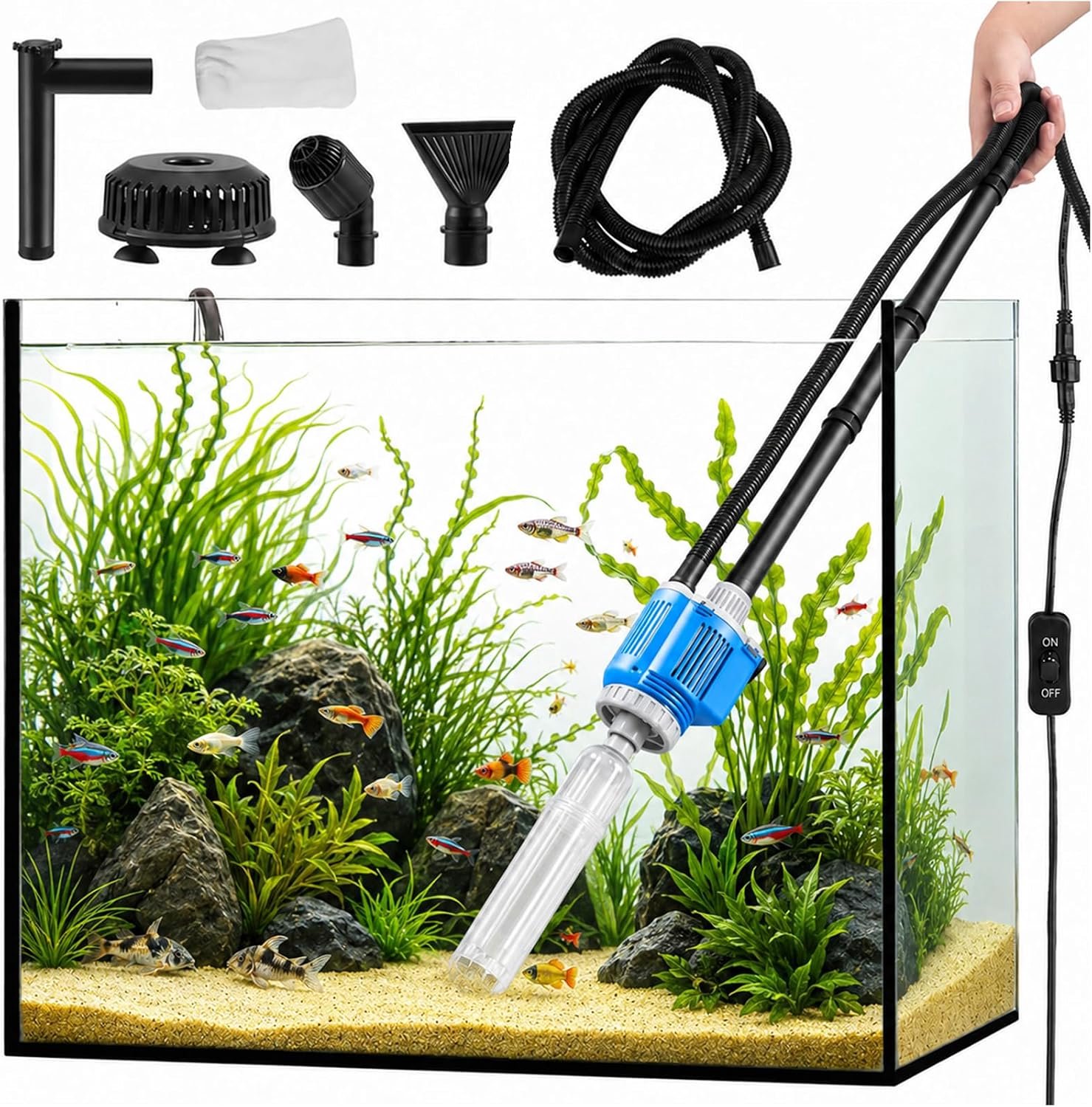 Elektrisch, 6-in-1, 28 W visreservoir stofzuiger met uittrekbare handgreep, voor waterverversing, zandreiniging, vuilverwijdering, douches, filteren