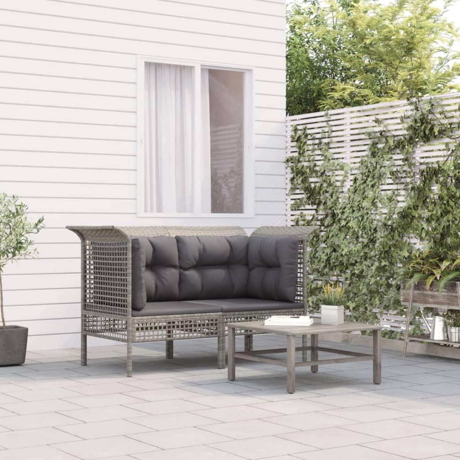 Tuinhoekbanken met kussens 2 stuks. Grijs Poly Rotan Weerbestendig PE-rotan gepoedercoat stalen frame Modulair design Lounge zitgroep