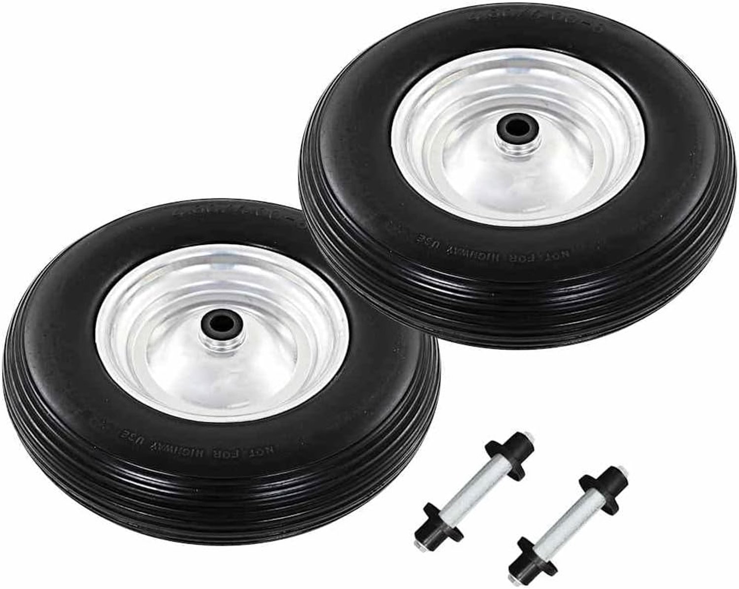Wielen, set van 2, 4.00-8, massief rubberen wiel, lekvrij, 390 mm, inclusief assen voor steekwagen, bolderkar, transportwagen
