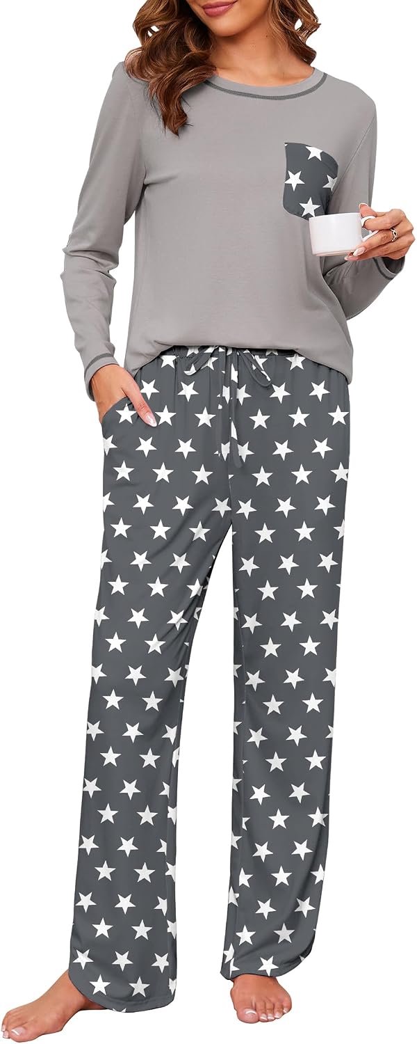 Pyjama voor vrouwen set 2-delige lounge sets print lange mouw zachte pyjama set loungewear nachtkleding met zakken