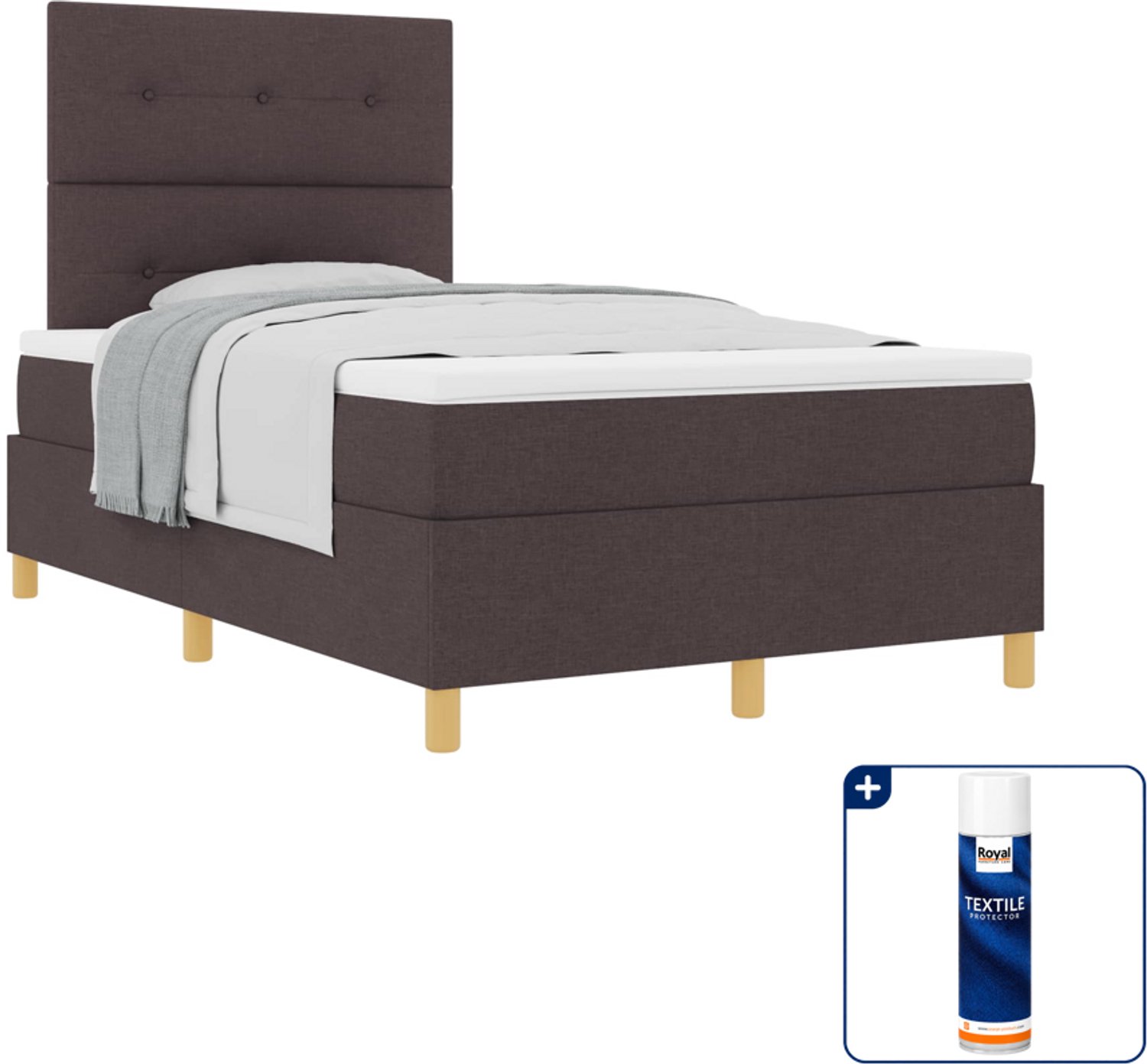 vidaXL Boxspringbed - 120 x 190 cm - stof - donkerbruin - Inclusief textielbeschermer 500 ml Lichtgrijs