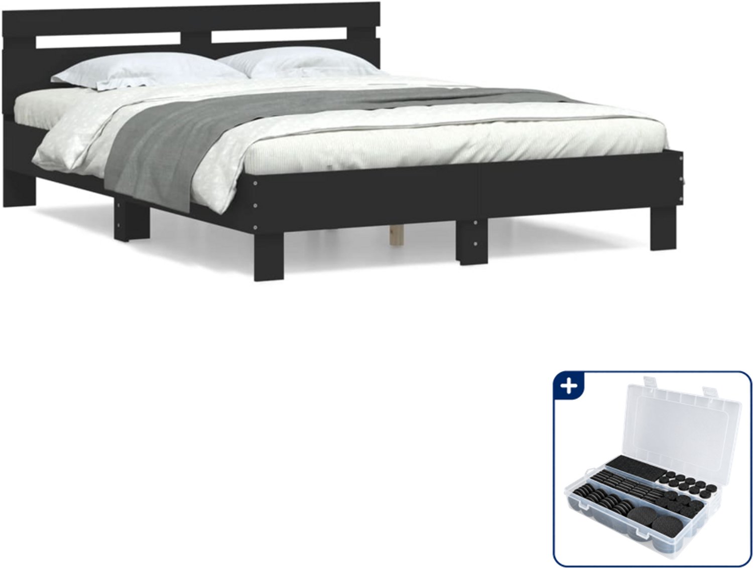 vidaXL bedframe - 150 x 200 cm - bewerkt hout - zwart - Inclusief antikrasvilt 177-delig