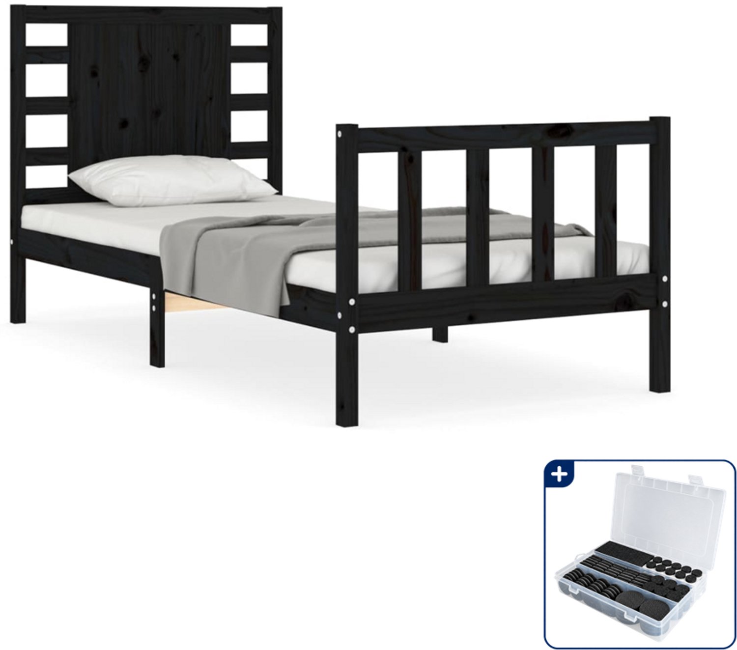 vidaXL bedframe met hoofdbord - 75 x 190 cm - massief grenenhout - zwart - Inclusief antikrasvilt 177-delig