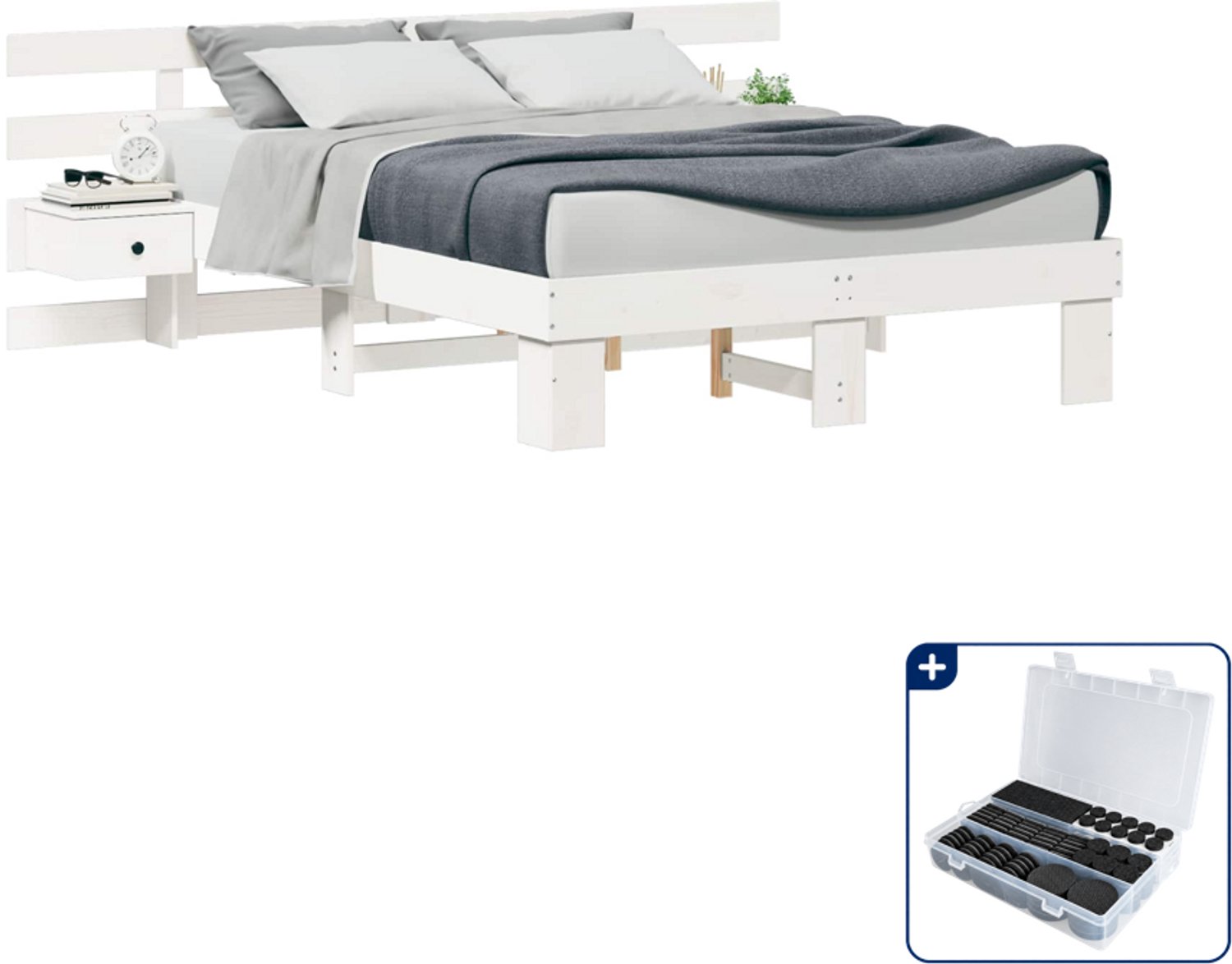 vidaXL bedframe met hoofdeinde - 135 x 190 cm - massief grenenhout - wit - Inclusief antikrasvilt 177-delig Bruin